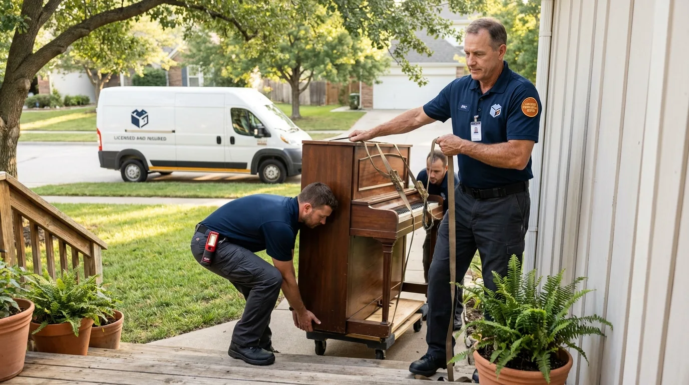 Licensed piano movers securing grand piano in Saint Elmo, IL