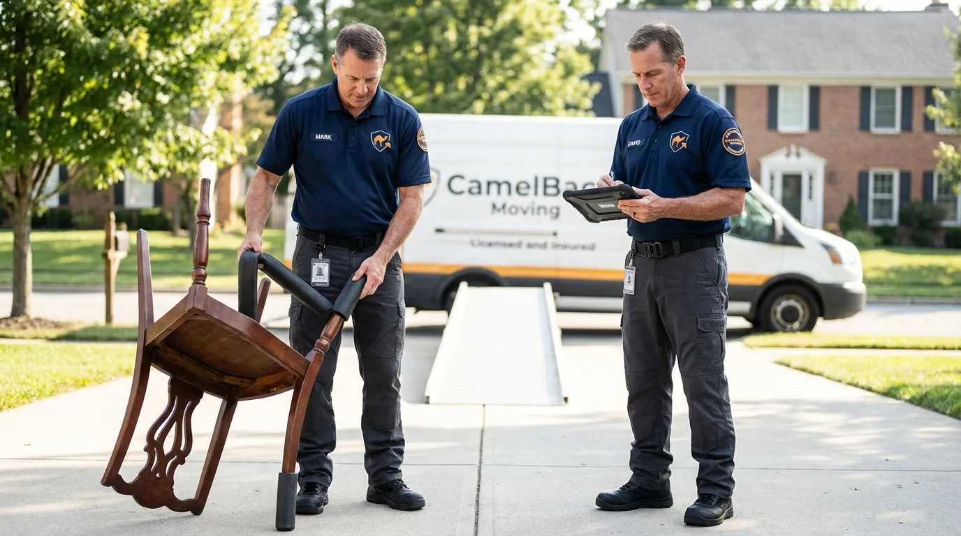 Movers inspecting furniture for damage prevention before loading in Saint Elmo, IL