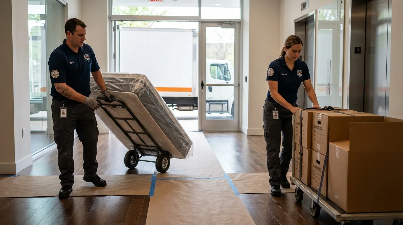 Professional apartment movers loading elevator in Saint Elmo, IL